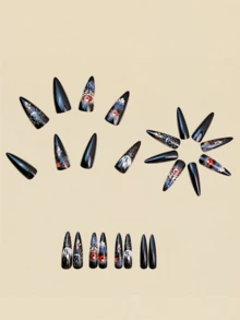 24pcs Halloween Nail Stickers, Eye & Spider Web Pattern Nail Art, Long Water Drop Shape Minimalist Fashion Nail Art, Wearable Nail Accessories, Fake Nails, Y2K Nail Style, Essential Halloween Nail Decoration - Black - View 3