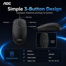 Mouse Berkabel AOC MS100 Plug & Play, Sensitivitas Tinggi, Respons Cepat, Genggaman Nyaman, Kontrol Presisi, Mouse untuk Bisnis & Gaming, Kompatibel dengan Desktop dan Laptop - View 3