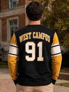 Men's Colorblock Raglan Sleeve Crew Neck Sweatshirt, WEST CAMPUS 91 Number & Letter Print Long Sleeve Collegiate Style Pullover - Multicolor - View 3