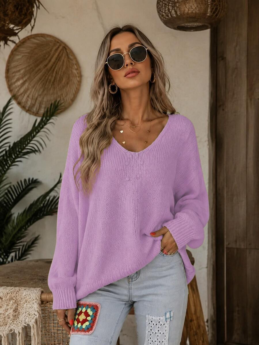 New Bright Color Plus Size Women's Elegant V-Neck Sweater - Solid Bright Yellow, Summer Autumn Versatile Fashion Solid Color Knit Ribbed Plus Fall