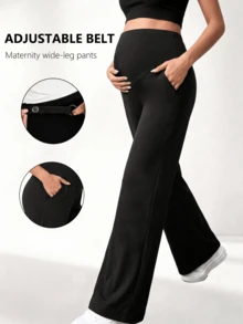 Casual Yoga Maternity Flared Pants With Side Pockets And An Adjustable Waist. Made Of Soft, Comfortable, High-Elastic Nylon Fabric. Black - Black - View 1