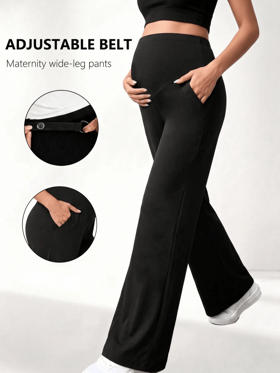 Casual Yoga Maternity Flared Pants With Side Pockets And An Adjustable Waist. Made Of Soft, Comfortable, High-Elastic Nylon Fabric. Black - Black - View 1
