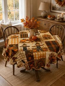Autumn Pumpkin Scarecrow Patchwork Tablecloth, Halloween Home Decor, Fall Tablecloth Thanksgiving Dining Table Decor, Rustic Farmhouse Decor Country Style Printed Tablecloth, Vintage Plaid Pumpkin Pattern Rectangular Tablecloth, Kitchen Dining Room Tabletop Decoration - Multicolor - View 4