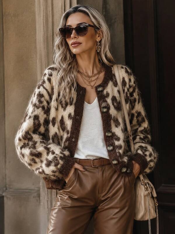 Women's Leopard Print Short Cardigan, Fashionable Round Neck Long Sleeve, Button Front, Polyester Material - Essential For And New Year Fall