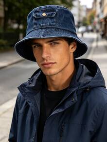 1pc Vintage Denim Short Brim Pocket Hat, Windproof, Sun Protection, UV Protection, 3D Design, Foldable, Fashionable, Versatile, Elegant, Soft And Comfortable, Breathable, Multi-Functional, Flattering, Face-Slimming, Suitable For Beach, Outing, Hiking, Cycling, Travel, Commuting, Outdoor, Street, Dating, Trekking And Various Occasions - A - View 1