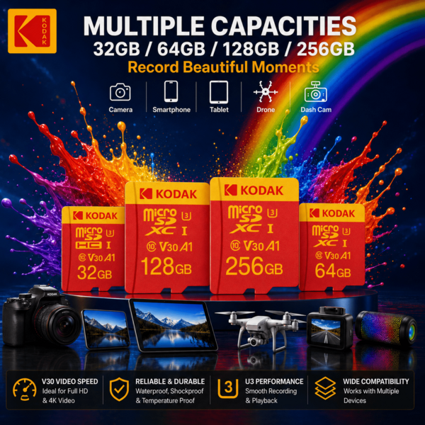 Kodak High-Speed U3 Micro TF-kort, spela in 4K-videor smidigt, levereras med SD-kortadapter, valbara kapaciteter 32GB/64GB/128GB/256GB, UHS-I, lämpligt för mobila enheter