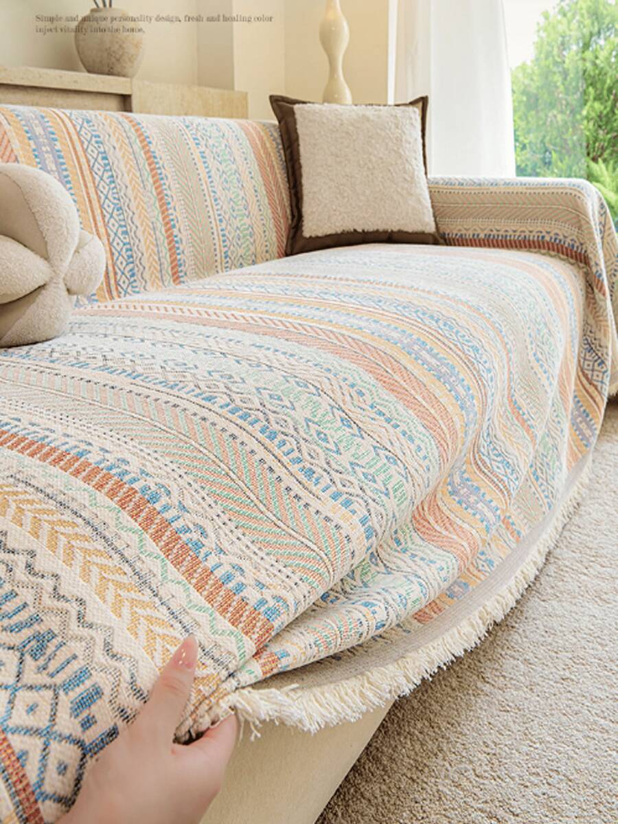 1pc Bohemian Colorful Geometric Vertical Stripe Chenille Sofa Throw, All-Season, Pet-Friendly, Washable, Perfect For Home Decor - Multicolor - View 1