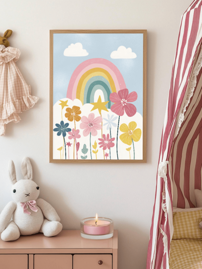1pc Canvas Framed Nursery Wall Art Decor, Rainbow Wildflower Nursery Wall Hanging, Modern Bohemian Floral Rainbow Kids Wall Decoration; Ready To Hang Framed Artwork, Suitable For Little Girls' Bedroom Or Playroom; Garden Themed Rainbow Baby Shower Gift; Imaginative Wildflower Nursery Accent Decor. Nursery Decor, Nursery Poster, Gift