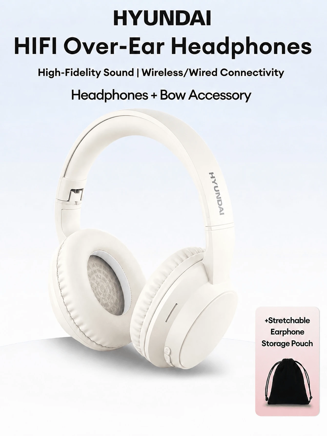 HYUNDAI HY-T02MAX頭戴式藍牙耳機附收納袋,5.4HIFI高清音質重低音通話精準降噪音樂運動遊戲低延遲長續航商務頭戴式耳機通用手機平板電腦 - 米色+收納袋 - 查看 1