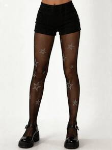 1/3 Pairs Women's Summer Sheer Pantyhose, Rhinestone Star Pattern Sexy Stockings, Street Style Charming Sexy Base Layer Long Socks - Black - View 4