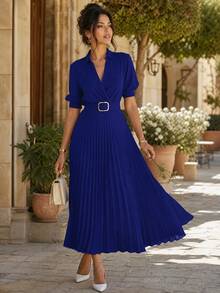 Spring/Autumn Slim Fit Elegant Lady Style Pleated A-Line Solid Color Short Sleeve Dress With Waist Belt, Lightweight Breathable Polyester Fabric - Blue - View 4