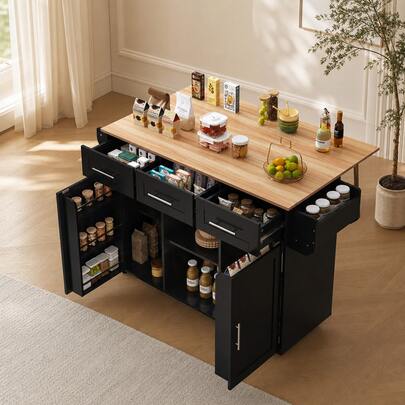 139x46(71)X91.5cm Large Dining Trolley/Sideboard, Black Body And Worktop In Solid Wood Grain, Folding Worktop, Storage Door, Wheels, Replaceable Solid Wood Feet, Suitable For Dining Room, Kitchen, 139 X 46 X 91.5 Cm