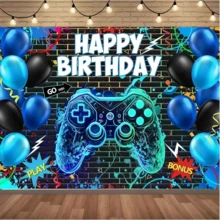1件遊戲主題生日背景布，完美適用於遊戲生日慶祝，適合節日派對、居家裝飾與攝影棚道具 - A - 查看 9