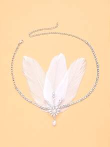 1pc 1920s Flapper 3 White Feather Headband With Rhinestone & Pearl Dangle Pendant, Gatsby Women's Evening Party Headpiece - Rhinestones - View 8