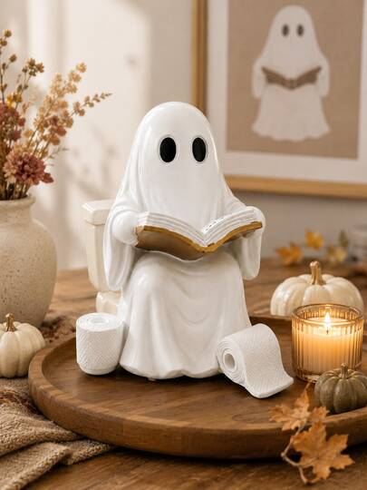 Estatua de fantasma divertida para el inodoro, decoración de baño de Halloween, figurita de fantasma de resina leyendo, adecuada para el tanque del inodoro, encimera y estante, decoración del hogar linda y espeluznante, adorno de baño estilo granja, decoración de fiesta de vacaciones de otoño, regalo novedoso para mujeres, decoración de otoño estilo gótico