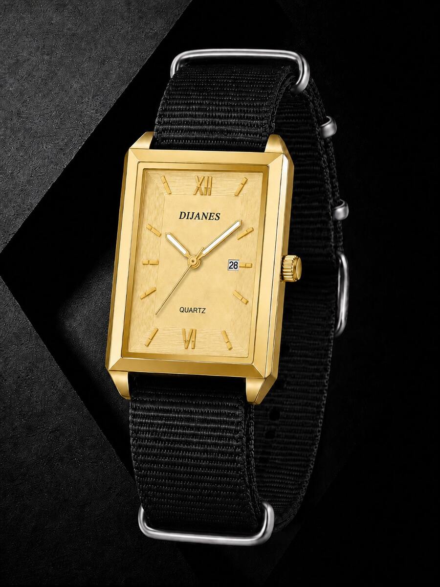 1PC Men's Black Nylon Strap Square Dial Quartz Watch, Business Quartz Watch, Gold Classic Rectangular Dial, Date Window Minimalist Retro Wristwatch, Suitable For Daily Commute And Gift Giving