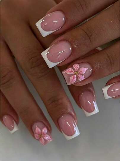 24pcs Short Square 3D Gel Press-On Nails, Pearl Decor Design, Includes Floral And French Manicure Styles, Perfect Fit For Fingertips, Summer Nail Stickers For Shiny Fingertips