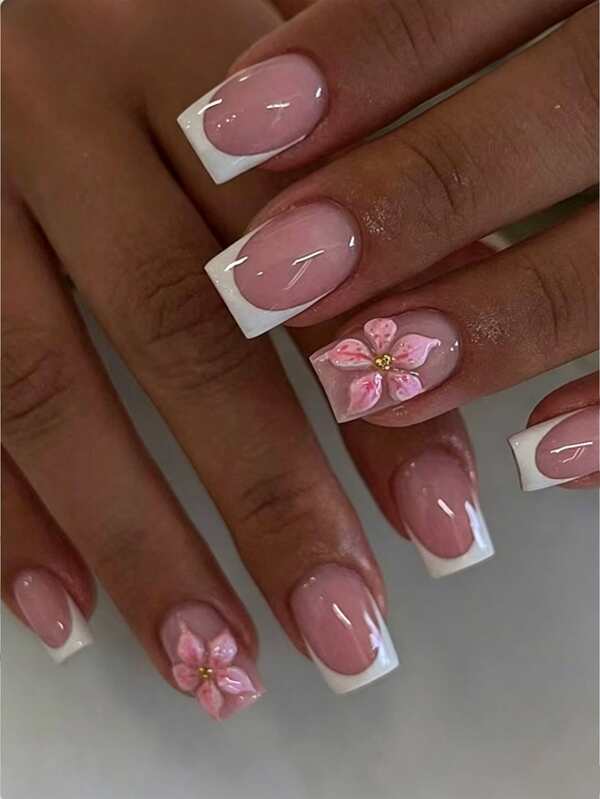 24pcs Short Square 3D Gel Press-On Nails, Pearl Decor Design, Includes Floral And French Manicure Styles, Perfect Fit For Fingertips, Summer Nail Stickers For Shiny Fingertips