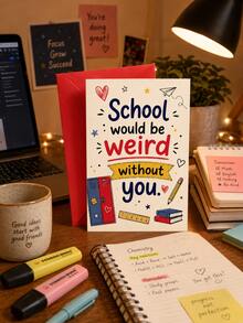 Cute School Theme Friendship Greeting Card, School Would Be Weird Without You Funny Note Card, Cartoon Locker Pencil Book Design Thank You Card, Sweet Appreciation Gift For Classmate Best Friend, Blank Inside With Matching Red Envelope - Multiple Styles - View 4