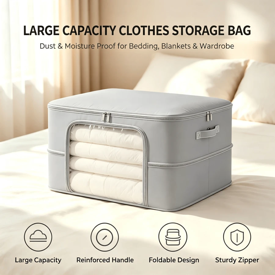 4x Large Collapsible Clothes Storage Bags With Zips, Bedding & Blanket Storage Organisers For Bedroom Wardrobe - Grey - View 1