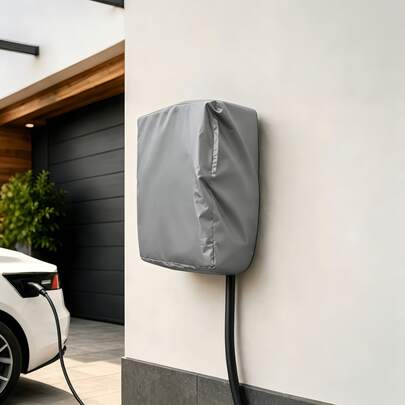 1pc Electric Vehicle Charging Station Cover - Black/Silver, Heavy Duty 300D Oxford Fabric, Drawstring Bottom Design, Suitable For Tesla Charger Base, EV Charger Plug, Flo EV Charger (Cover Only)