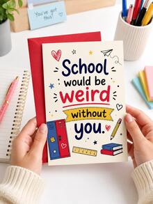 Cute School Theme Friendship Greeting Card, School Would Be Weird Without You Funny Note Card, Cartoon Locker Pencil Book Design Thank You Card, Sweet Appreciation Gift For Classmate Best Friend, Blank Inside With Matching Red Envelope - Multiple Styles - View 6