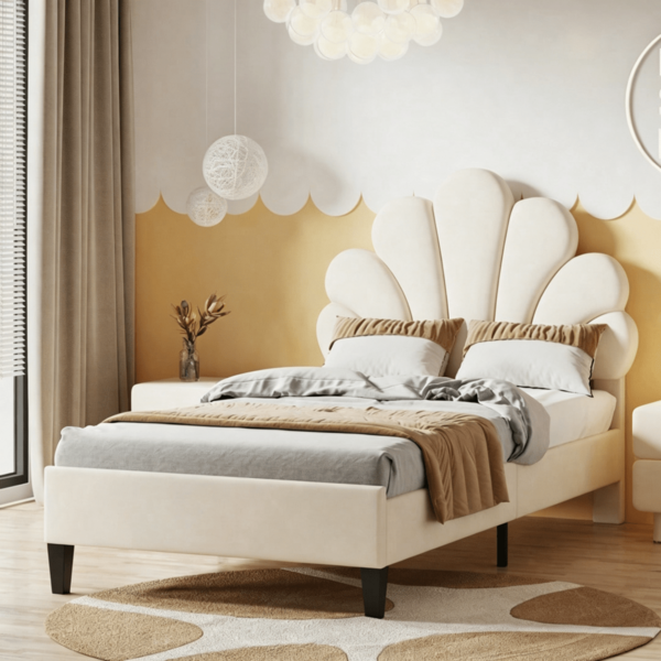 Caluself Single Upholstered Bed Frame 90x190 Cm With Adjustable Stylish Petal-Shaped Headboard, Slatted Bed Frame, Velvet Material, Beige