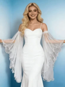 White Ruffled Bridal Detachable Sleeves, Long Loose Mesh Sleeve Accessory, Coquette Fairy Women Decor For Wedding, Prom, Party & Travel Photoshoot - Milky White - View 7