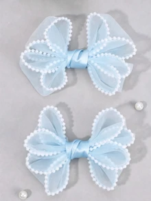 2pcs Pink/White Tulle Bow Hair Clips, Pearl Chain Trim Princess Style Elegant Hair Accessories, Suitable For Birthday, Wedding, Spring/Summer Daily Wear - Multicolor - View 4