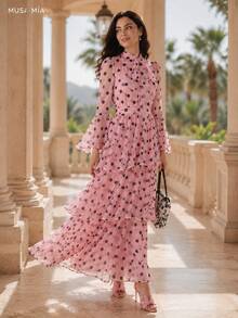Pink Polka Dot Chiffon Maxi Dress, High Neck Bow Detail Long Sleeve Tiered Ruffle Dress For Women - 粉色 - 查看 12
