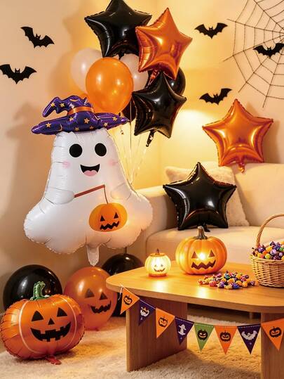 16個/セット ハロウィンテーマの楽しい装飾バルーンセット、ゴーストと星型を含む。これらのハロウィン装飾バルーンはパーティー装飾と祝祭的な雰囲気作りに最適です。ハロウィン、テーマパーティー、ホームデコレーションに適しています。