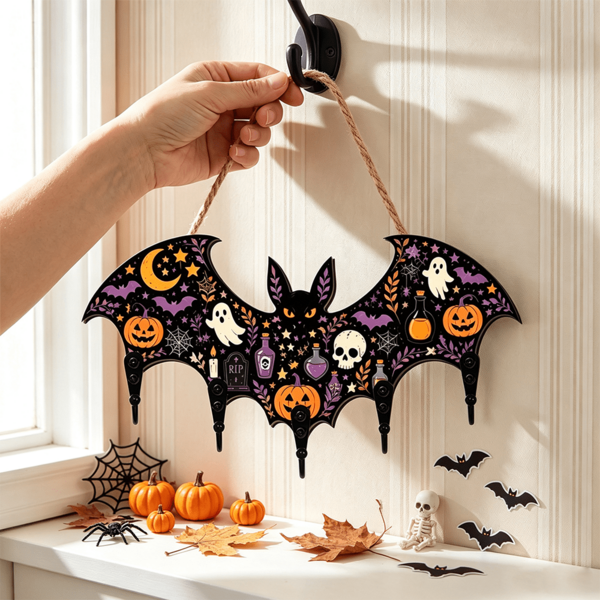 1pc Halloween Bat Wooden Key Hook, Gothic Vampire Wall Decor Multi-Functional Hanger For Necklaces, Keys & Accessories, Easy Installation Durable Design, Home Decor Organizer, Perfect Gift
