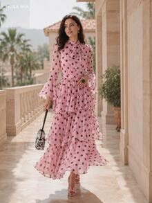 Pink Polka Dot Chiffon Maxi Dress, High Neck Bow Detail Long Sleeve Tiered Ruffle Dress For Women - 粉色 - 查看 7
