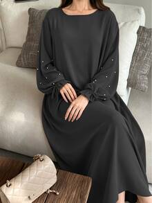 1pc Women's Daily Commute Versatile Abaya Dress With Drawstring Cuffs And Beaded Design, Suitable For Daily Outings And Friends Gatherings - Multicolor - View 14