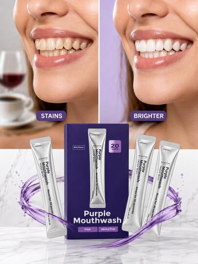 Purple Mouthwash For Teeth Whitening, 20 Portable, Alcohol Free & Peroxide Free, Vegan Fresh Mint Oral Rinse For Fresh Breath, Travel, Date Night & Daily Oral Care, DR.DENT