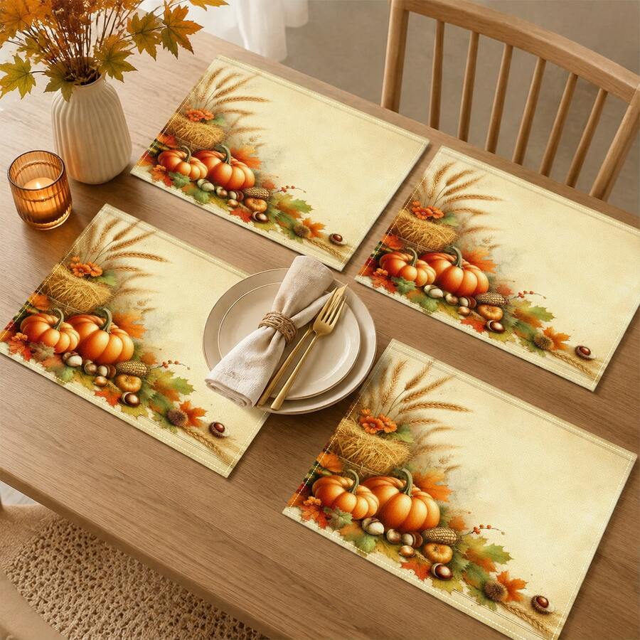 1pc/4pcs/6pcs/8pcs, Autumn, Fallen Leaves Pattern Suitable For Dining Table, Breakfast Mat, Coffee Bar, All Season Decoration, Washable Table Mat, Room Decor, Kitchen Dining Table Mat, Indoor/Outdoor Party Decoration, Home Decor, Ideal Gift