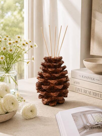 1pc Ins Cottagecore Pine Cone Resin Ornament, 2 In 1 Reed Diffuser Holder & Flower Vase, Vintage Brown Textured Pinecone Tabletop Decor For Bathroom Bedroom Kitchen Home Decor Gift