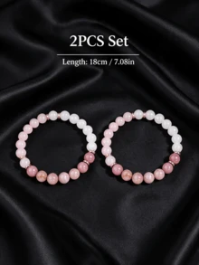 2件組女款天然玫瑰石英與紅鐵礦混合珠彈力手鍊，優雅日常珠寶禮物 - 手鍊2pcs - 查看 8