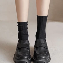 5 Pairs Pure Black Mid-Calf Socks, One Size 35-43, Couple Socks - Black - View 5