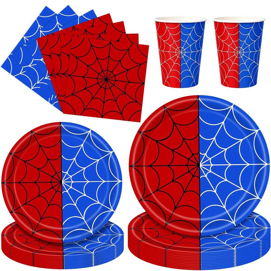 10pcs/20pcs/50pcs/80pcs Halloween Spiderweb-Themed Party Tableware Featuring Red And Blue Spiderweb Patterns; Includes Disposable Paper Plates, Napkins, And Cups Suitable For Halloween And Birthday Party Decorations. - Multicolor - View 1