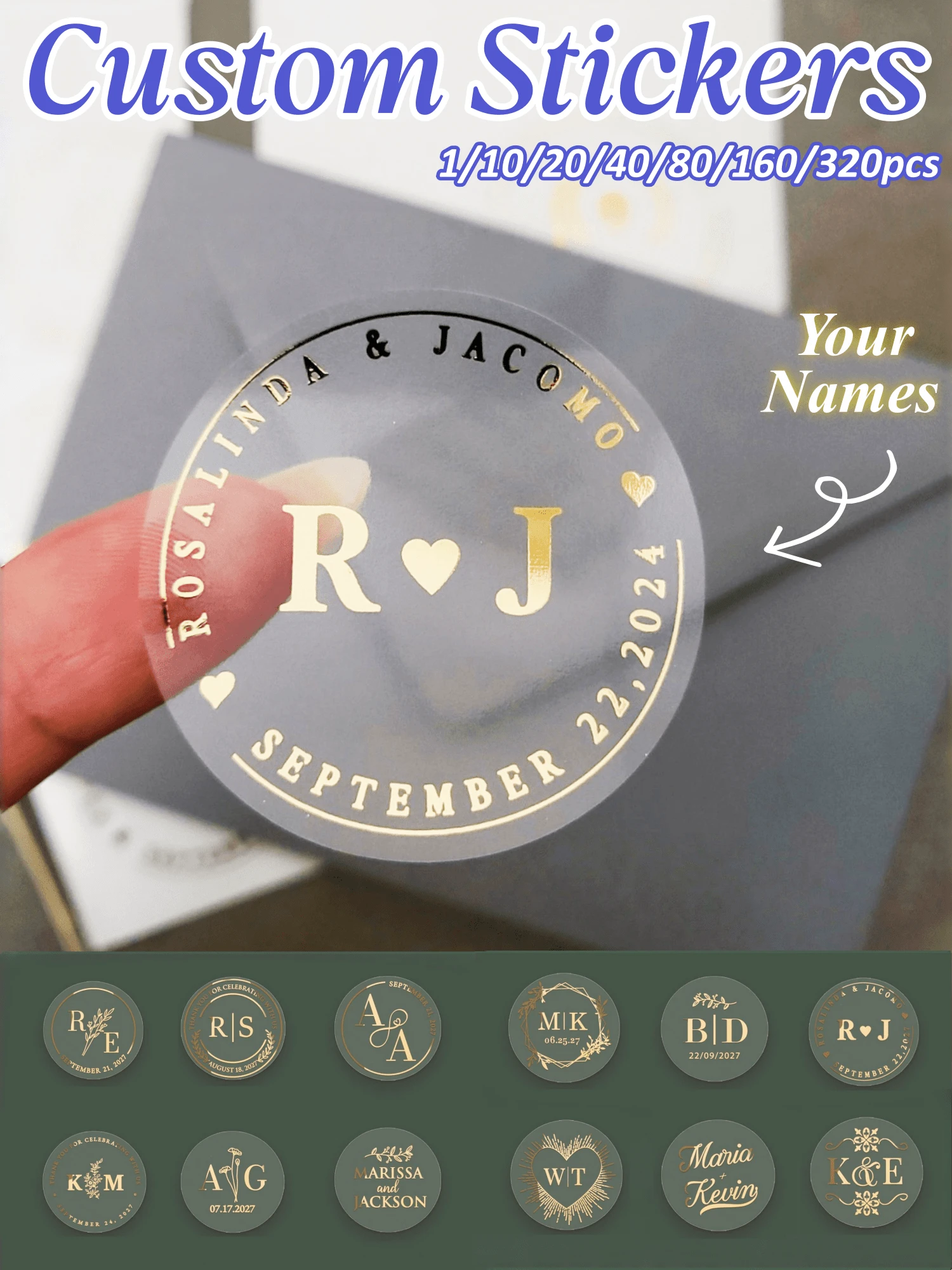 1/10/20/40/80/160/320pcs Custom Gold Foil Botanical Wedding Stickers, Personalized Gold Wedding Favour Labels, 4-6cm,Various Patterns,Clear Wedding Envelope Seals,Clear Wedding Stickers With Gold Foil,Infinity For Wedding Favors, Cups Labels Stickers - Multicolor - View 1