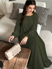 1pc Women's Daily Commute Versatile Abaya Dress With Drawstring Cuffs And Beaded Design, Suitable For Daily Outings And Friends Gatherings - Multicolor - View 26