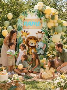 Customizable Multi-Size Jungle Animal Square Birthday Backdrop Arch Stand, Personalized Name And Text, Fresh Green Leaf Cartoon Animal Pattern, Suitable For Baby Boy First Birthday Party, Little Boy Theme Birthday Party Decoration, Floor-Standing Arch Stand Easy To Install, Can Be Used In Home Yard, Hotel Indoor Scenes, Soft Visuals For Great Photos, Creating A Cute And Healing Jungle Theme Birthday Atmosphere - Multicolor - View 4