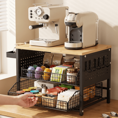 2026 Upgraded 3-Tier Coffee Station Organiser With Side Pull-Out Storage Tray & 5 Detachable Hanging Hooks, Kitchen Worktop Coffee Bar Shelf, Multi-Purpose Tea Bag Spice Pod Storage Rack, Space Saving Countertop Organiser For Home Coffee Corner