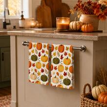 2pcs Off-White Pumpkin & Maple Leaf Pattern Kitchen Towels, Autumn Farmhouse Style Soft Absorbent Fabric Rectangular Colorful Pumpkin & Fallen Leaf Full Print Hand Towels, Suitable For Thanksgiving, Harvest Festival, Autumn Kitchen And Daily Home Decor - Multicolor - View 5