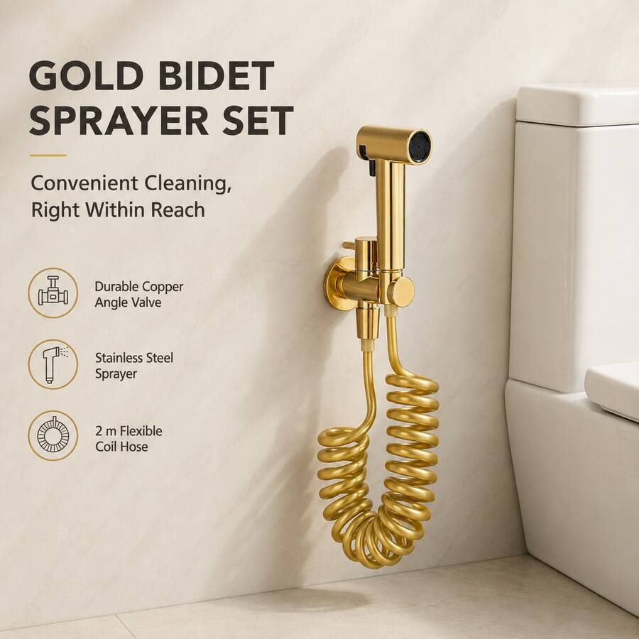 Gold Handheld Bidet Sprayer Set With Stainless Steel Angle Valve And 2m Flexible Hose, ABS Toilet Spray Gun For Bathroom Cleaning And Personal Hygiene - A - View 1