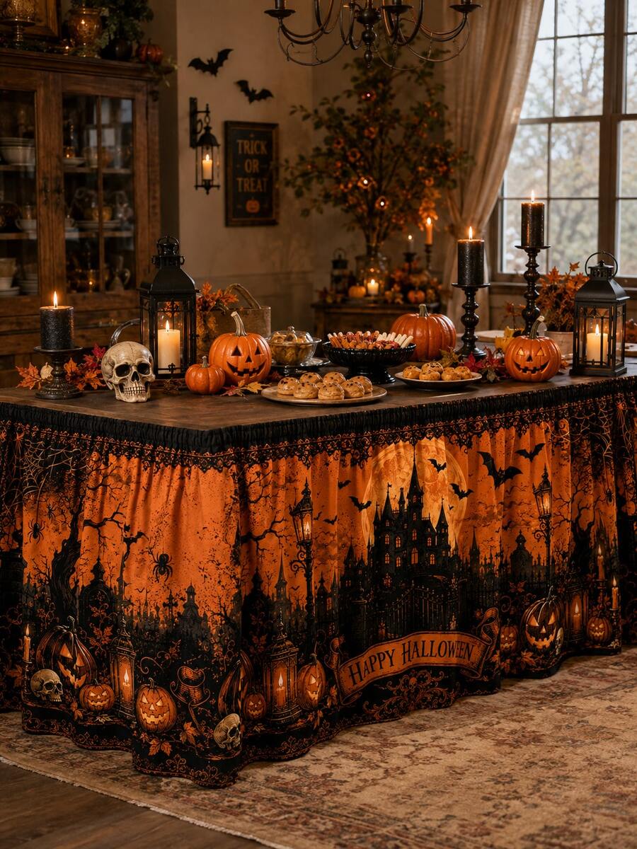 1 Piece Of Retro Black Halloween Table Dress, Featuring Silhouette Prints Of Haunted House Castle And Bats, Gothic Party Polyester Ruffled Table Dress, Autumn Home Decor For Dining Tables, And Props For The Horror Season - Multicolor - View 1