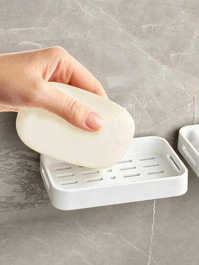 2Pcs Wall Mounted Soap Holder No Drill Draining Soap Dish With Water Tray Bathroom Soap Storage Rack Easy Install Sponge Storage Tray Multi Functional Home Storage Decorative Accessory Bathroom Accessaries Room Decor Kitchen Accessaries Home Deccor