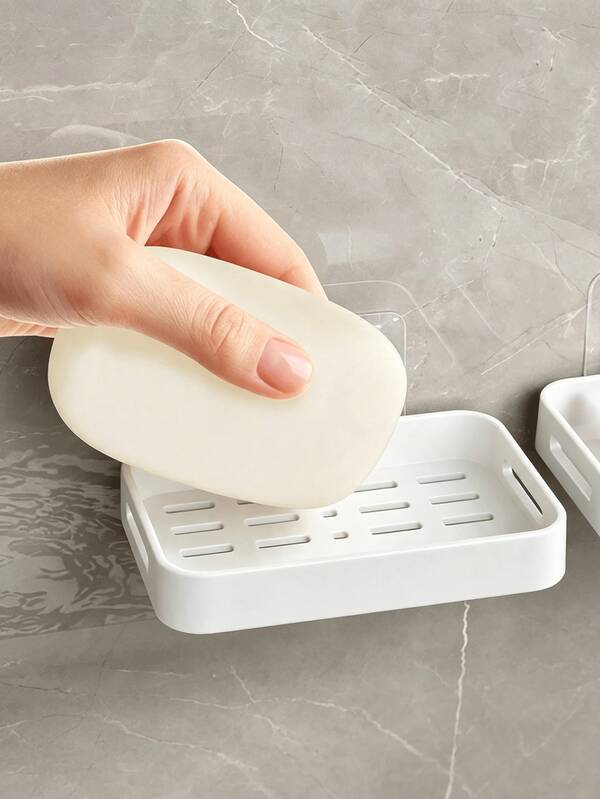 2Pcs Wall Mounted Soap Holder No Drill Draining Soap Dish With Water Tray Bathroom Soap Storage Rack Easy Install Sponge Storage Tray Multi Functional Home Storage Decorative Accessory Bathroom Accessaries Room Decor Kitchen Accessaries Home Deccor