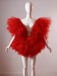 1pc Ethereal Multi‑Color Mesh Shawl, Bridal Shoulder Wrap, Host Evening Dress Outer, Art Exam Performance Photoshoot Wedding Party Accessory - Red - View 7